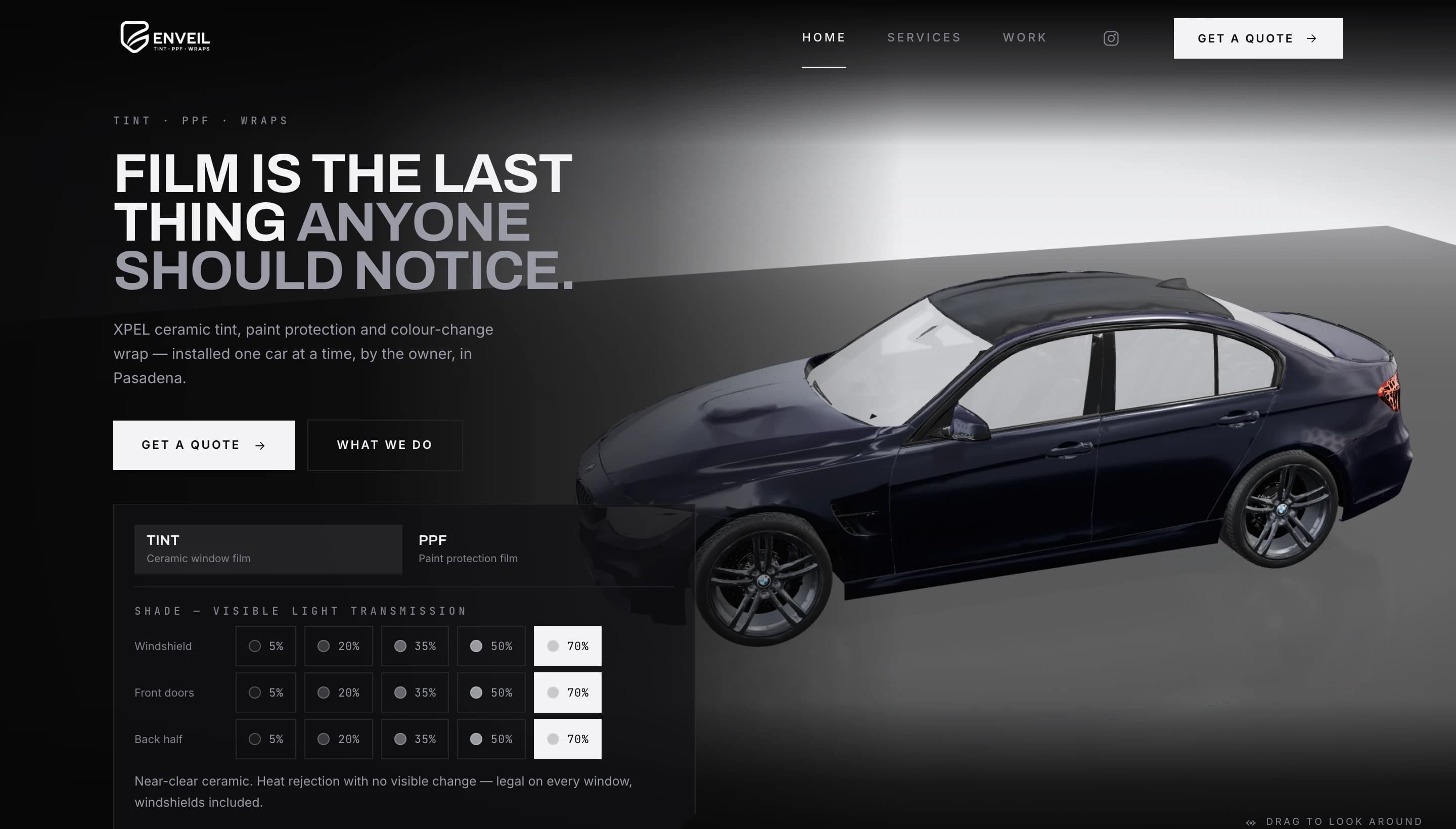 Enveil homepage hero with a 3D car and tint configurator