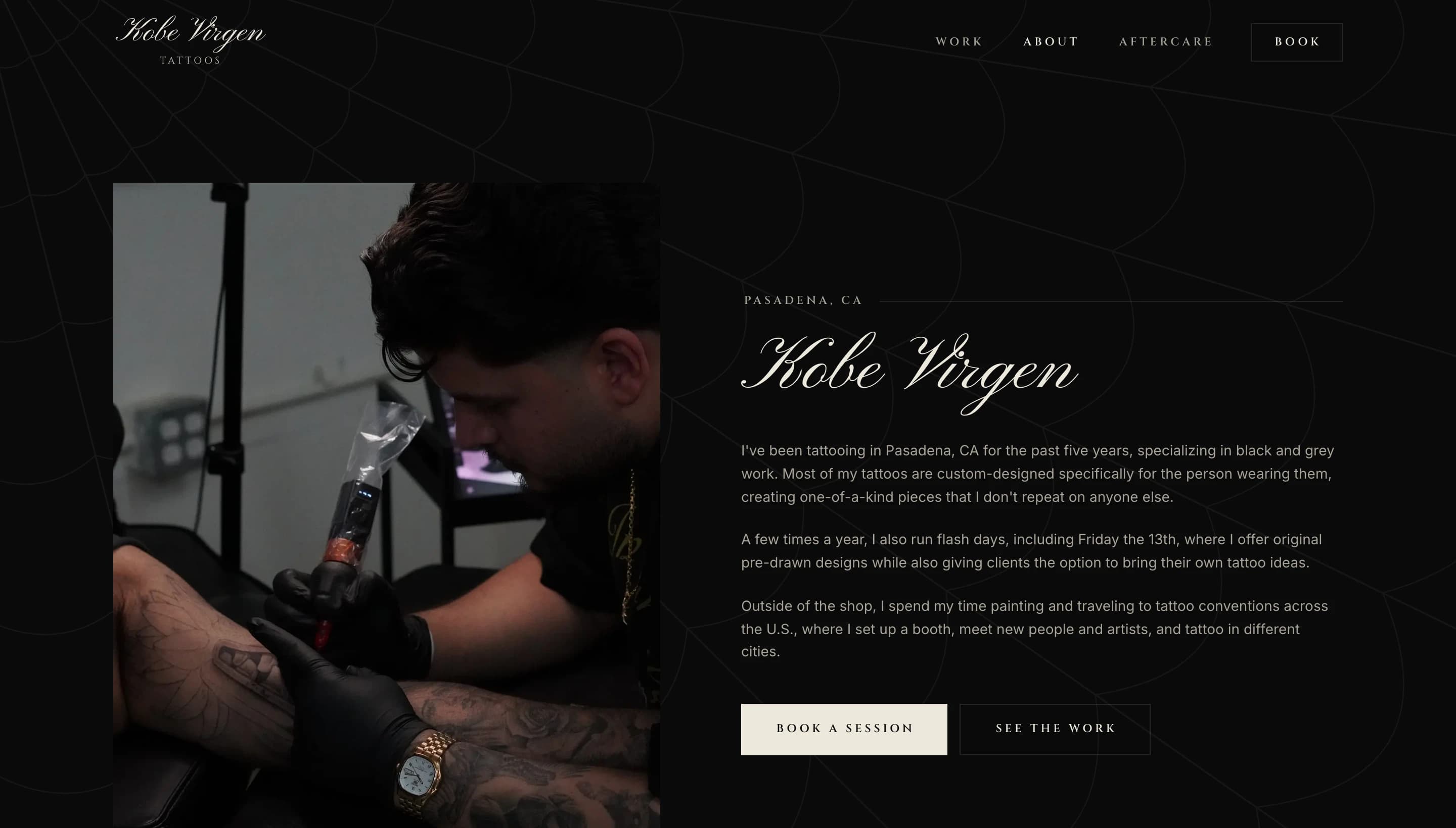 About page with a portrait of Kobe tattooing