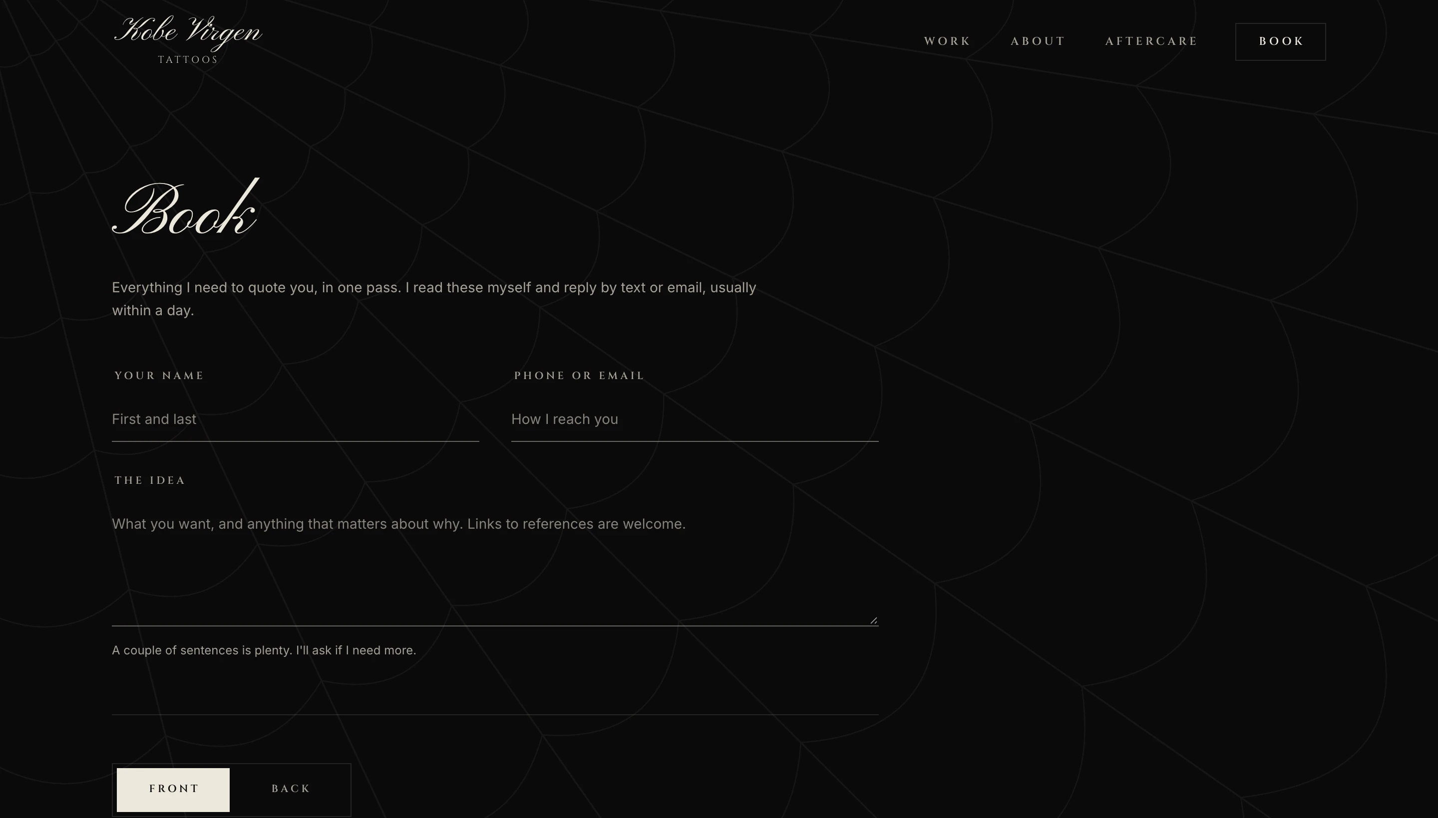 Booking page with body map placement