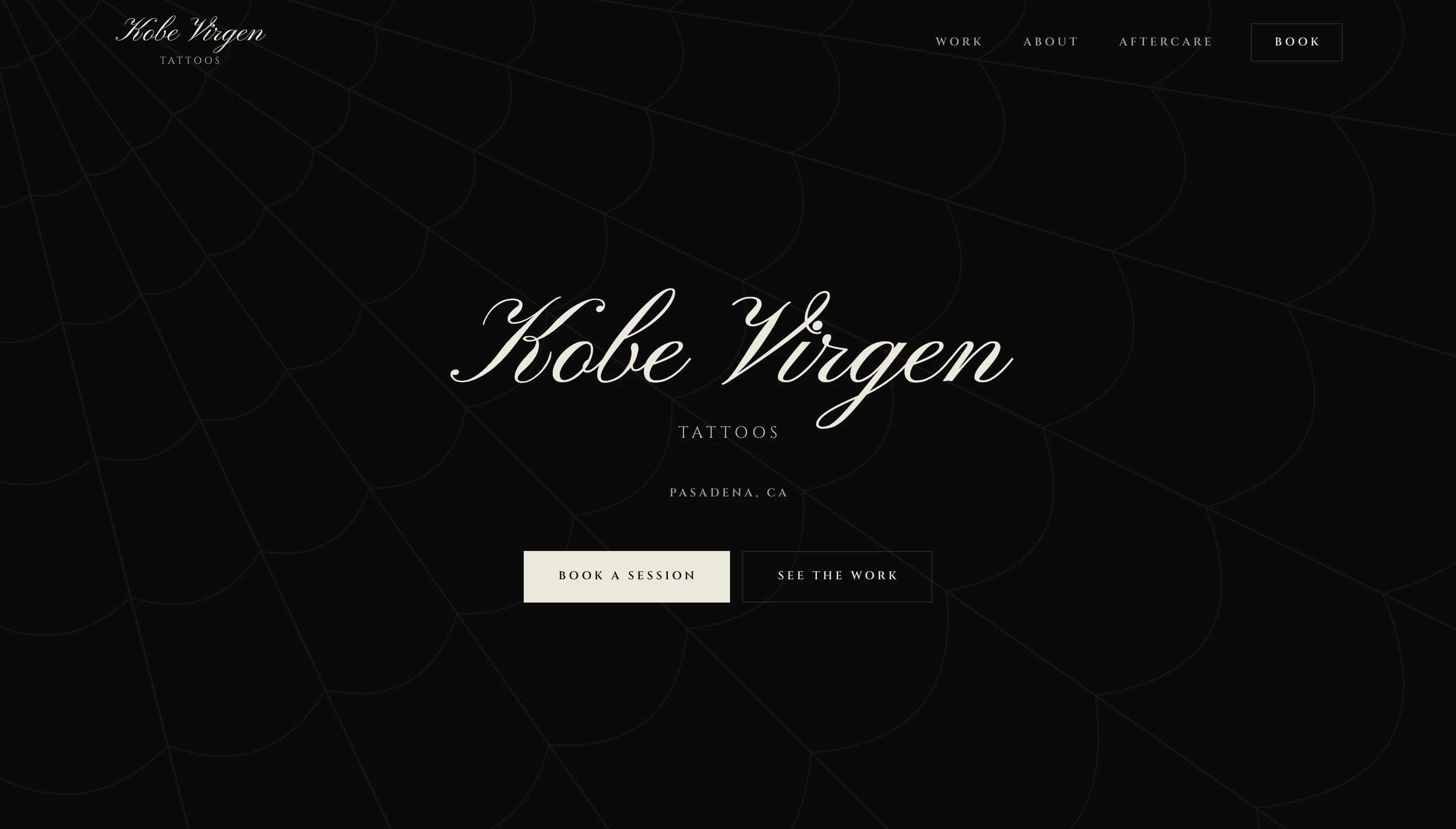 Kobe Virgen Tattoos homepage with script wordmark over a faint spiderweb
