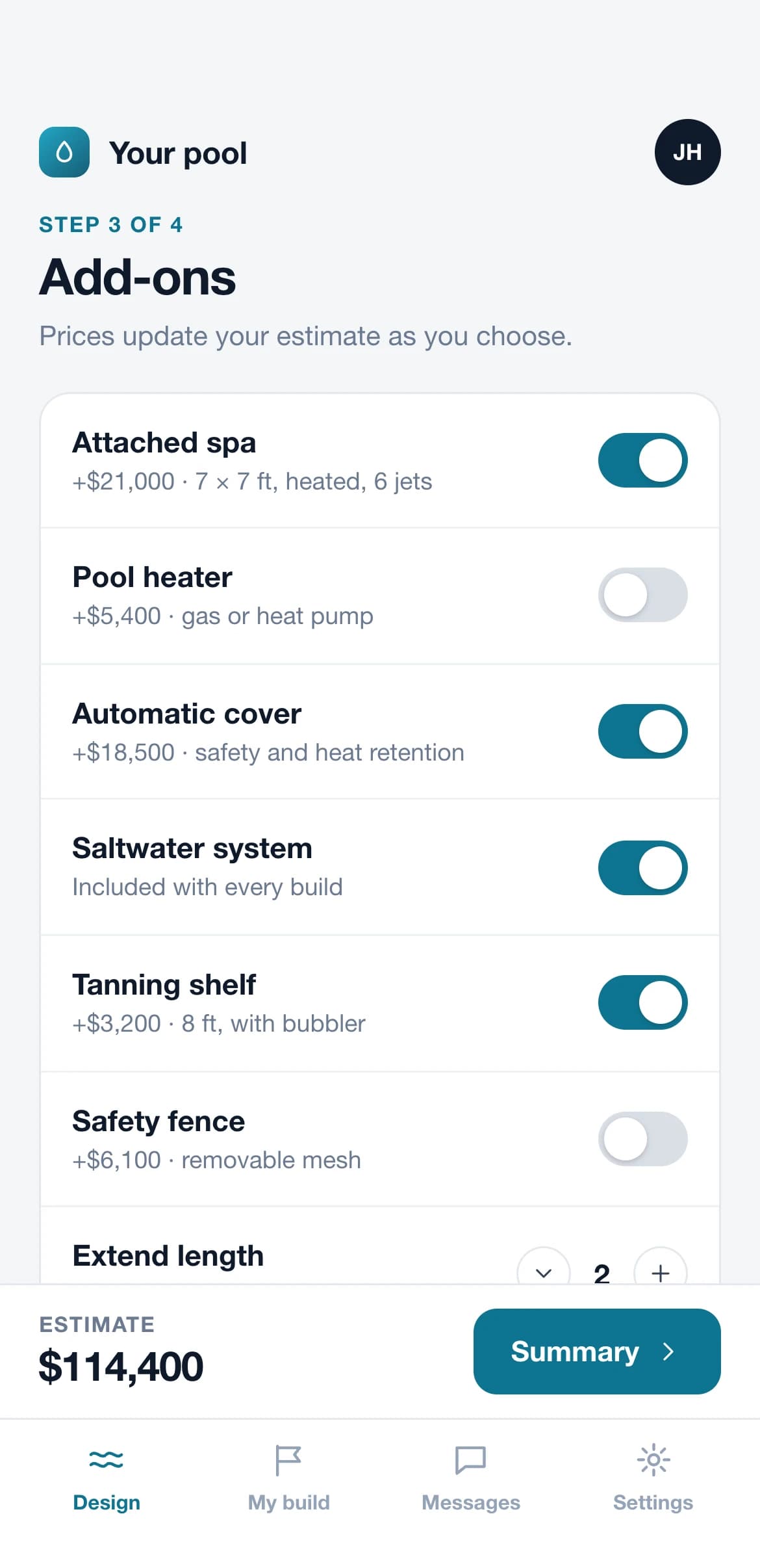 Customer app: add-ons with live pricing