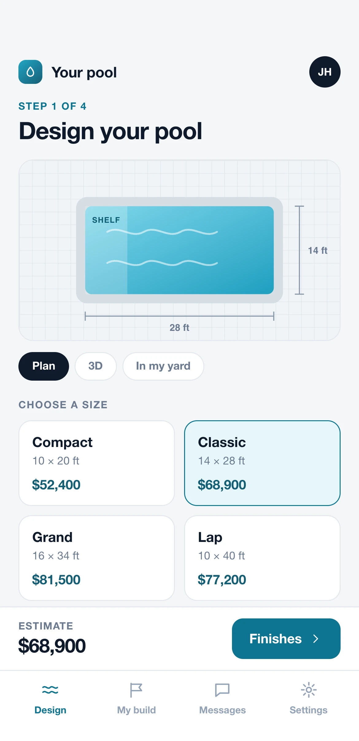 Customer app: design a pool on a plan view and choose a size
