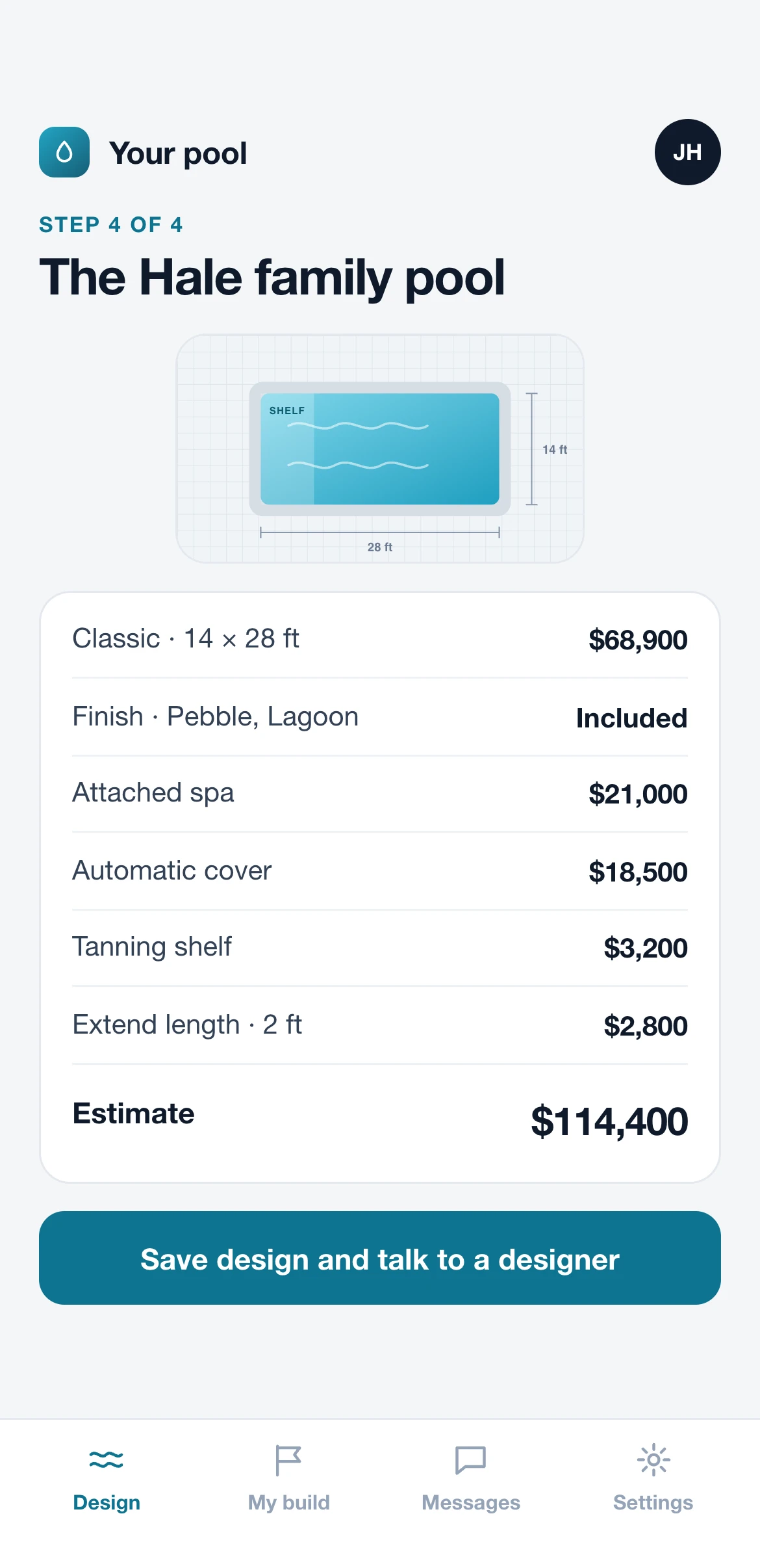 Customer app: saved design summary with an estimate